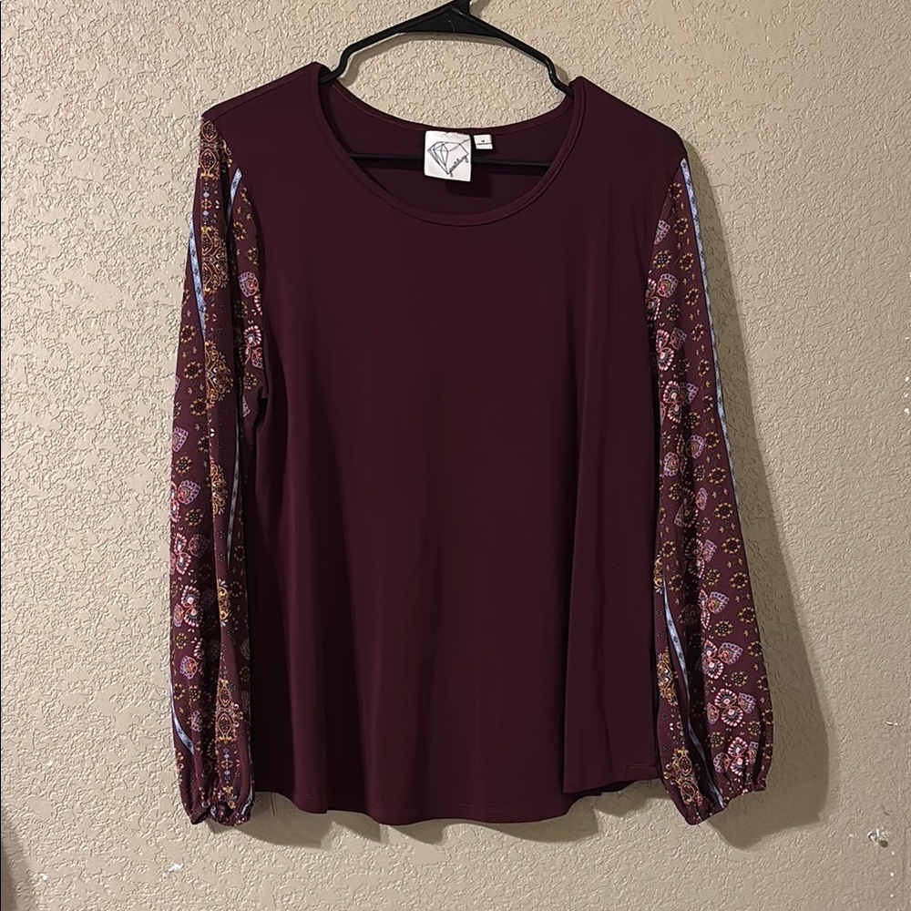 Elegant Burgundy Women's Top with Floral Sleeves